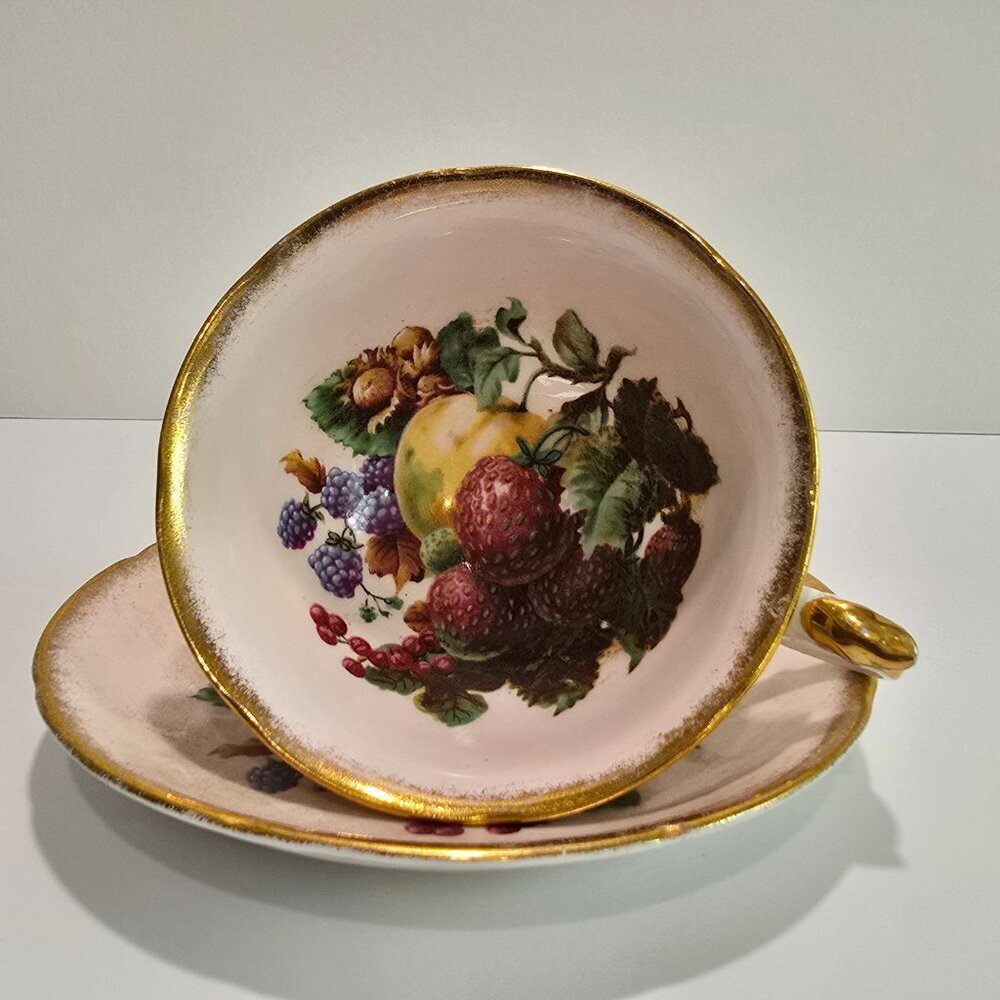 Royal Grafton - Vintage Teacup & Saucer Set, Bone China, Orchard Fruit on Pink​​